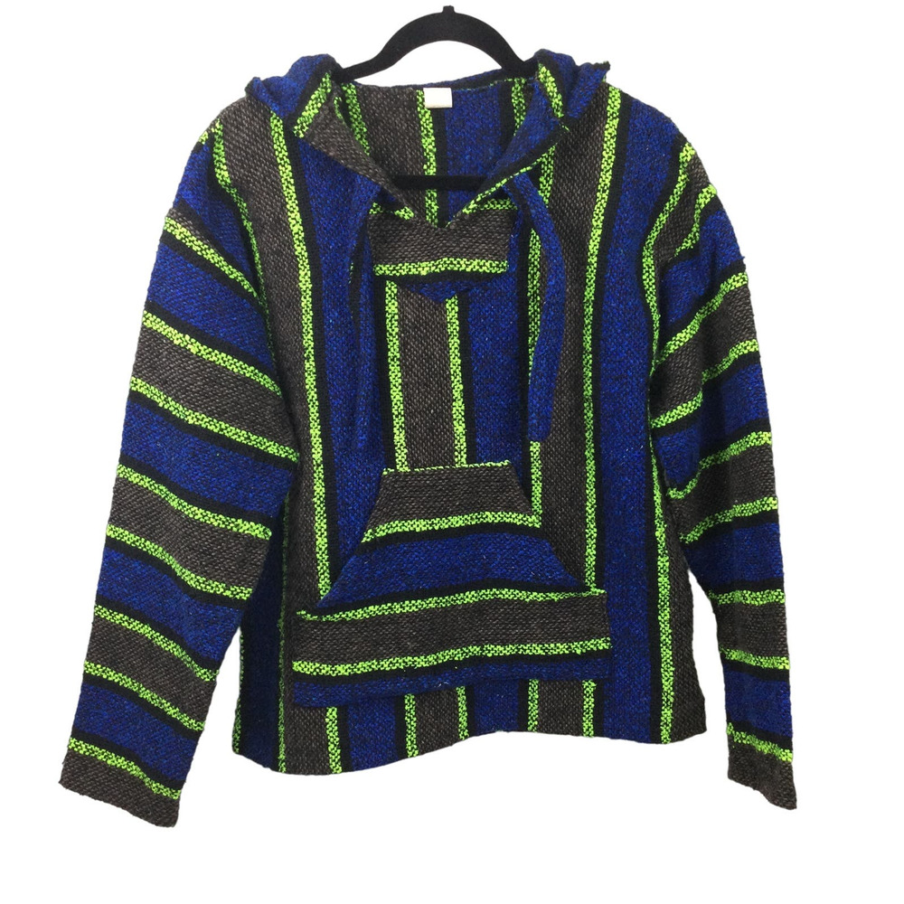 Vintage  Men's Blue Yellow Striped Kangaroo Pocket Hippie Hooded Pullover Medium